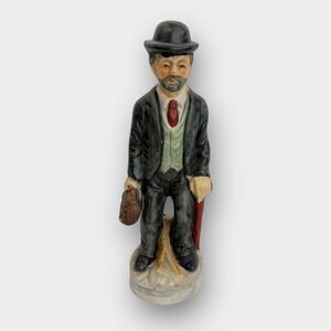 Vintage Ceramic Figurine Man with Bowler Hat Briefcase & Cane
